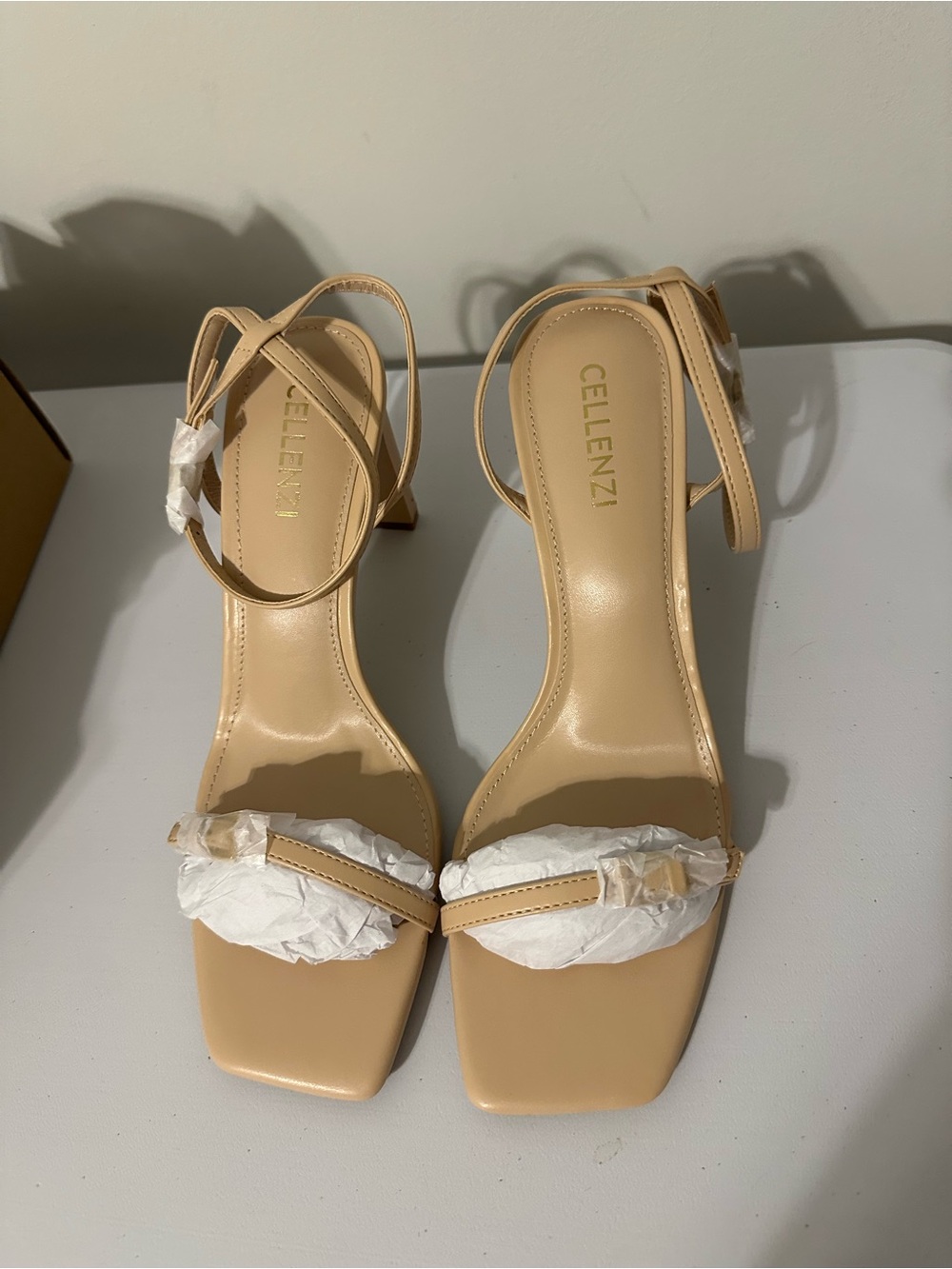 Women’s Nude Ankle-Strap Square-Toe Block Heels Size 8